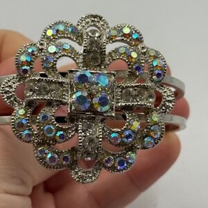 Vintage AB Rhinestone Hinged Cuff Bracelet Silver Tone‎ Mid Century Glam